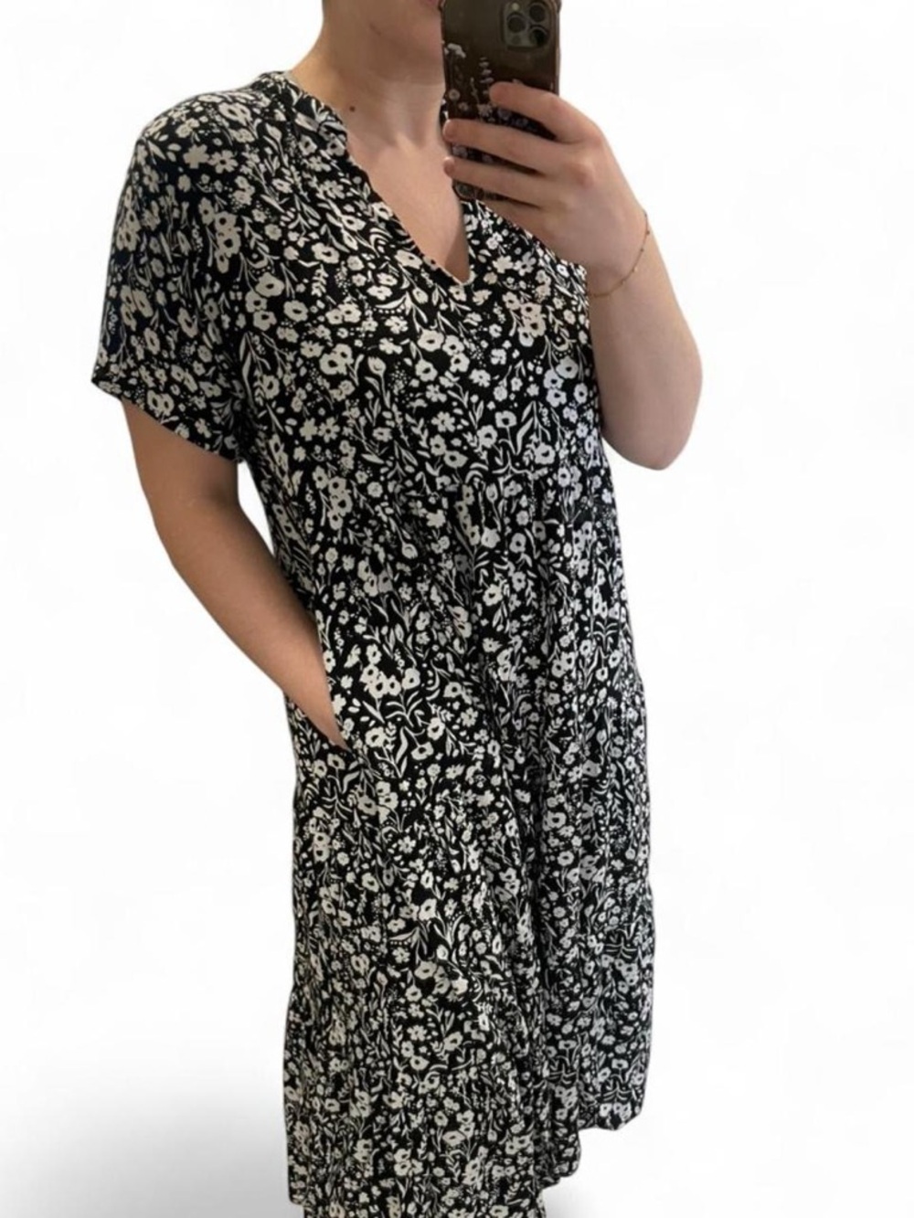 Evolverie Black and White Floral V-Neck Midi Dress | Size L | Sustainable Brand
